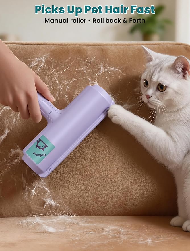 DELOMO Pet Hair Remover Roller, Reusable Lint Roller for Dog and Cat Hair | Portable Pet Hair Roller with Large Fur Bin, Fast Cleaning for Couches, Bedding, Rugs, Car Seats and Furniture, No Batteries