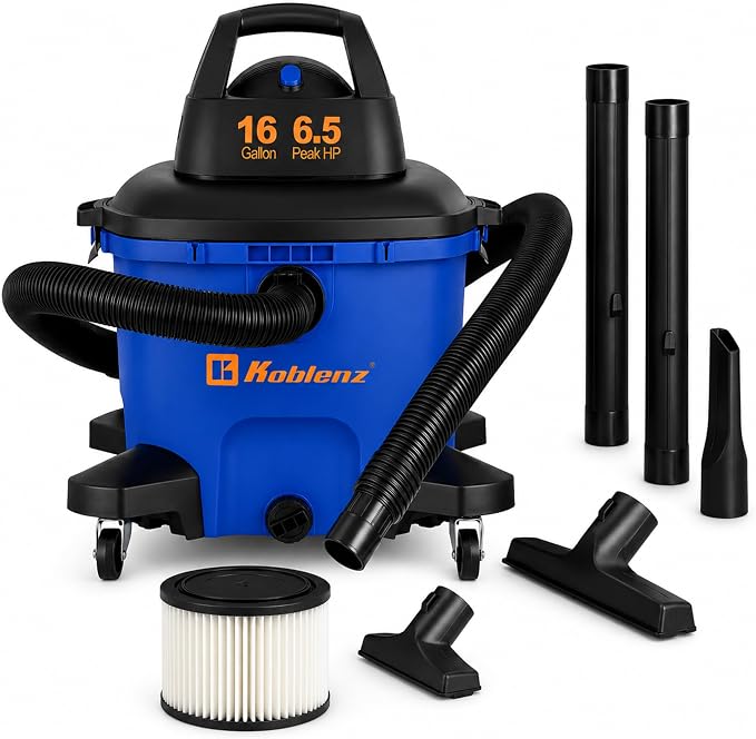 Koblenz WD-16 L4 Wet Dry Vacuum Cleaner, 16 Gallon Wet Dry Vac, 6.5 PHP | 3-in-1 Suction & Blower, CLICK-N-LOCK Hose, Drain Plug, Big Vacuum Cleaner for Carpet & Floors, Swivel Casters, Black/Blue