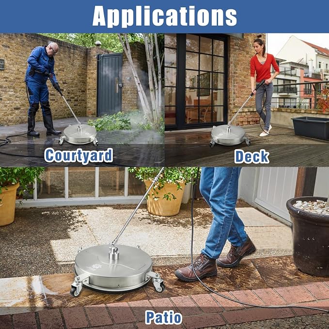 JANZ 17'' Pressure Washer Surface Cleaner | 4 Wheels, Stainless Steel Housing, 1/4'' Quick Plug, 2 Extension Wands, 2 Replacement Nozzles and 3 Spray Nozzles,4000 PSI