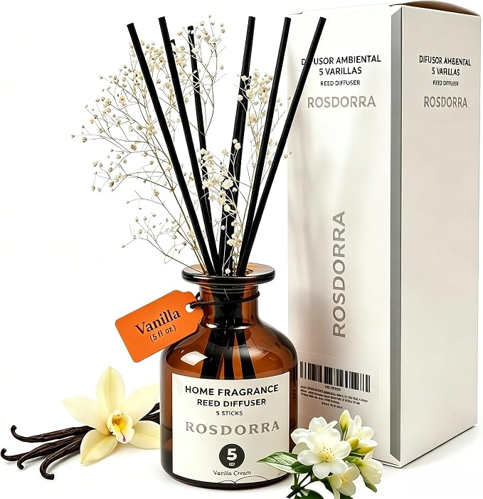 Reed Diffuser Set, 5oz, Vanilla Cream Cozy Scent | Home Fragrance w/5 Fiber Sticks, Rich Vanilla Cream Scent, 90-Day Diffusion, Pet-Safe Home Gift for Bath & Bedroom