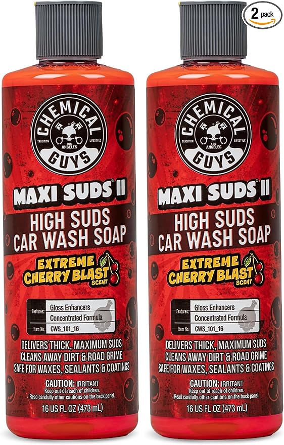 Chemical Guys CWS_101_16 Maxi-Suds II Foaming Car Wash Soap (Works with Foam Cannons, Foam Guns or Bucket Washes) Safe for Cars, Trucks, Motorcycles, RVs & More, 16 fl oz, Cherry Scent (Pack of 2)