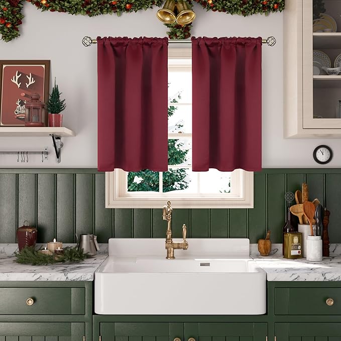 BGment Burgundy Blackout Curtains for Kitchen Cafe Window - Short Window Drapes Thermal Insulated Privacy Blinds for Rv Bathroom, 34 x 45 Inch, 2 Panels