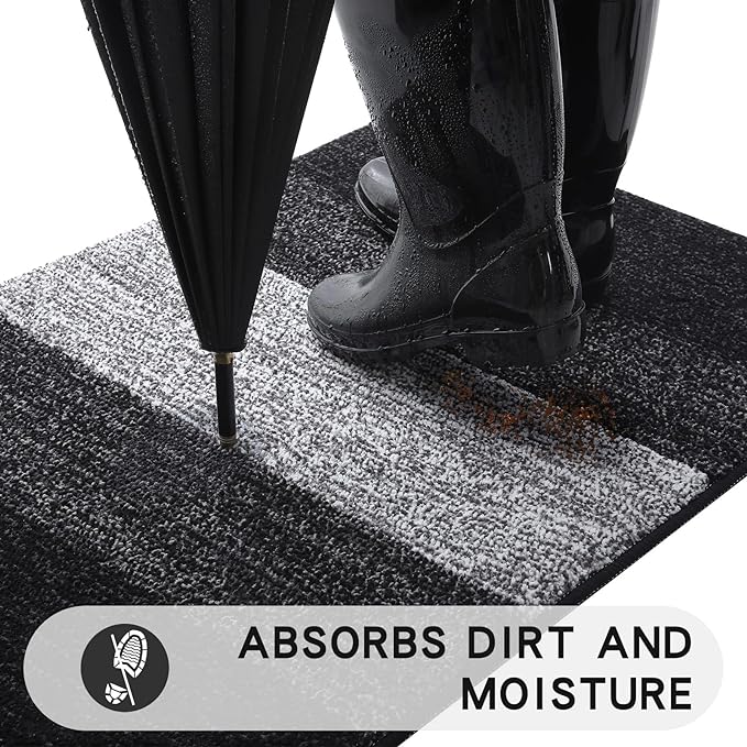 Kitinjoy Indoor Outdoor Door Mat, 30x17 Non-Slip Absorbent Dirt Trapper, Low-Profile Washable Inside Entrance Front Floor Mat, Sturdy Soft Entry Doormats for Entryway, Black