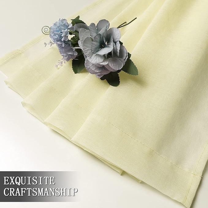 Tollpiz Short Sheer Tier Curtains Linen Textured Half Kitchen Curtain Sheers Light Filtering Rod Pocket Voile Small Curtain for Bathroom, 25 x 24 inches Long, Transparent Yellow, Set of 2 Panels