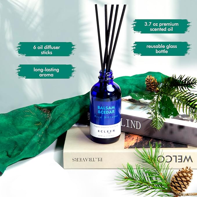 Xcleen Reed Diffusers for Home, Balsam & Cedar Diffuser with Sticks, 3.7 Oz Scented Fragrance Oil Diffuser for Bedroom, Bathroom Decor