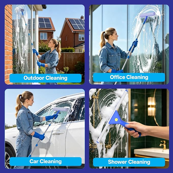 Professional Window Glass Cleaning Kit with 14" Window Squeegee & 15" Scrubber, 3 Gallon Collapsible Bucket, 76 Inch Spliced Pole Complete Glass Washing Tools for Indoor Outdoor Home Car Cleaning