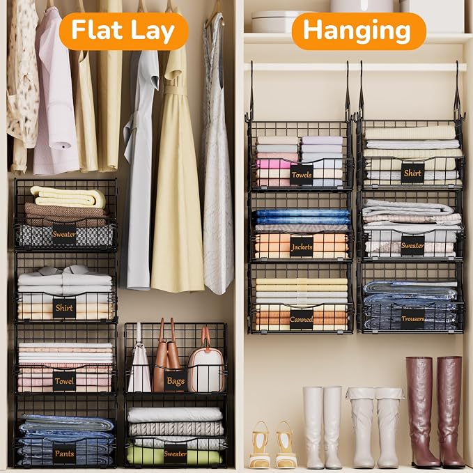 Hanging Closet Organizers and Storage, 6 Tier Closet Shelf Clothes Organizer with 2 S-Hooks, Multi-Functional Iron Wire Baskets, for Clothing, Sweaters, Handbags, Hat, Canned