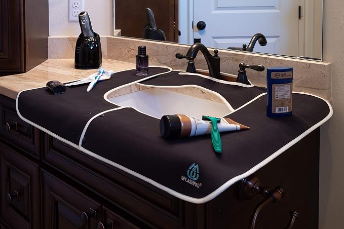 Sink Splash Guard - Home Essentials Faucet Mat for Clean and Dry Bathroom Counter - Absorbent Fast Drying Non Slip Protector - Soft Microfiber with Waterproof Rubber Grip - Washable - Black
