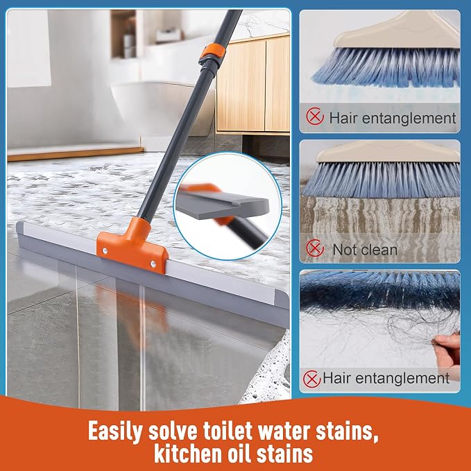 CLEANHOME Rubber Floor Squeegee with Extendable Long Handle | Concrete Floor, Tile Floor, Metal Aluminium Head, Heavy Duty Garage Shower Floor Squeegee Broom for Removing Water