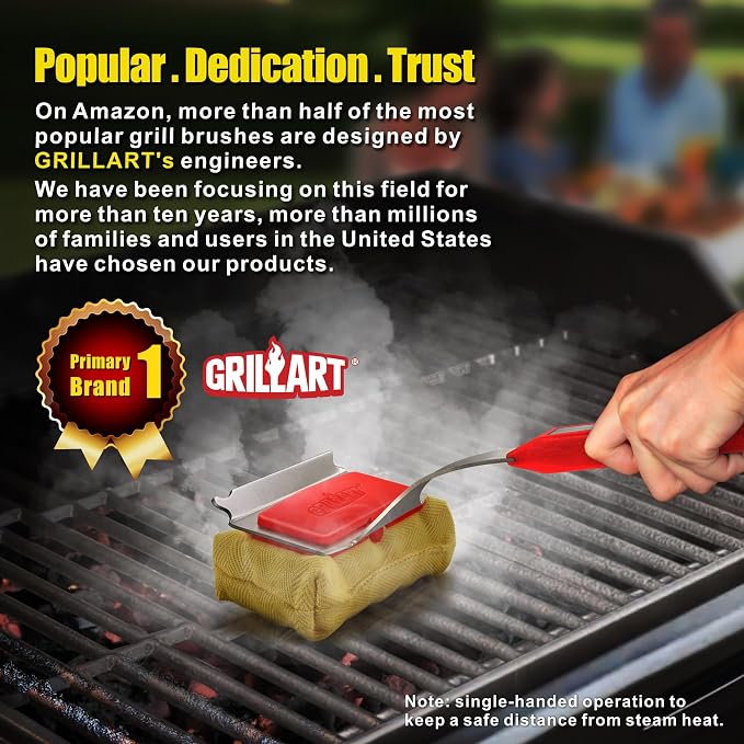 GRILLART SteamWizards Grill Brush Bristle Free, Seamless-Fit Scrub Scraper | Safe Durable Replaceable Head, Flexible Sturdy Handle, For All BBQ Grates, Heat-Resistant, Steam Cleaning Tool, Daddy Gifts