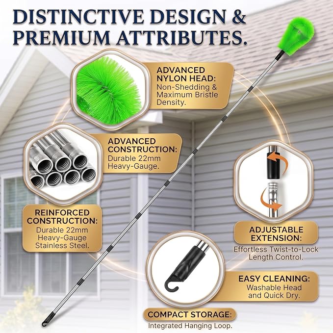 12.7 FT Gutter Cleaning Tools from The Ground with 2Pcs Nylon Brush Stainless Steel Telescopic Pole Adjustable Gutter Cleaner Tools No Ladder Needed for Easy Remove (Green)