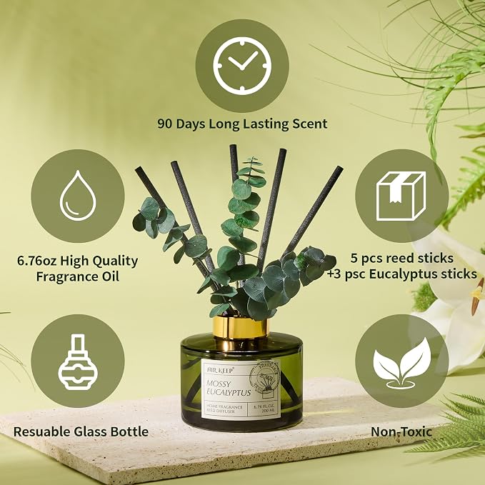 Reed Diffuser Set with 6.76 fl oz Moss Eucalyptus Scent Essential Oils and 3 Leaves & 8 Diffuser Sticks,Bathroom Shelf Decor & Air Freshener, House Bedroom Office Decor & Gifts