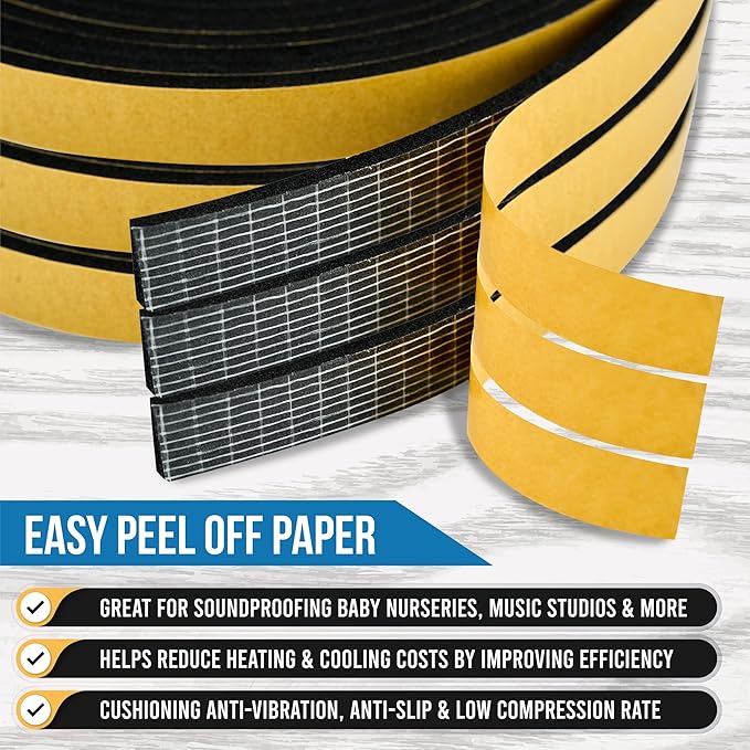 High Density Foam Weather Stripping Door Seal Strip Insulation Tape Roll for Insulating Door Frame, Window, Air Conditioner | Self Adhesive Sealing Weatherstrip (Black, 1/2 in x 1/4 in 30 Ft)