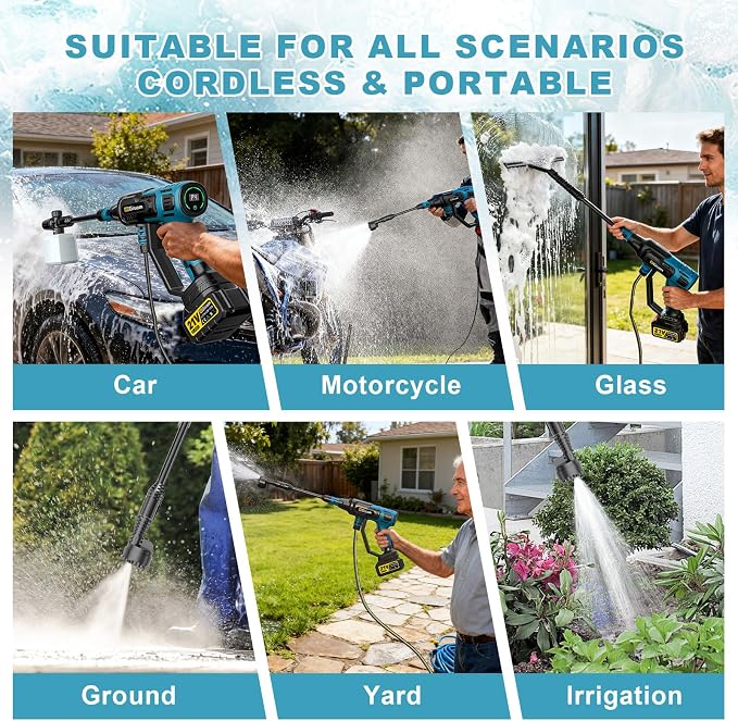 Cordless Portable Washer, Brushless Motor, 4 Speed Modes, 6-in-1 Swivel Nozzle, 2 x 4.0 Ah Batteries, 5 m Hose, Lightweight Handheld Car Washer for Home, Garden
