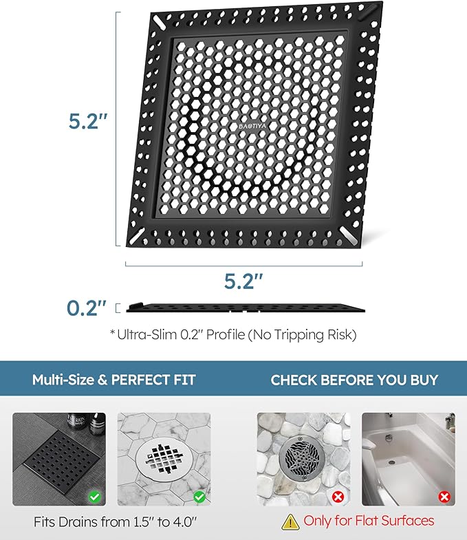 Square Shower Drain Hair Catcher, Flat Shower Drain Hair Catcher, Anti-Clogging Fast Drainage, Anti-Slip, Easy Clean Fits Bathroom Hair Catcher for Shower (Matte Black, 4 inch)