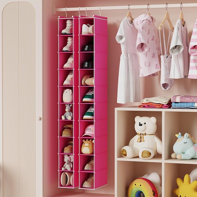 MAX Houser 2 Pack 10 Tier Slim Hanging Shoe Organizer, Narrow Closet Hanging Storage Shelf, Pink