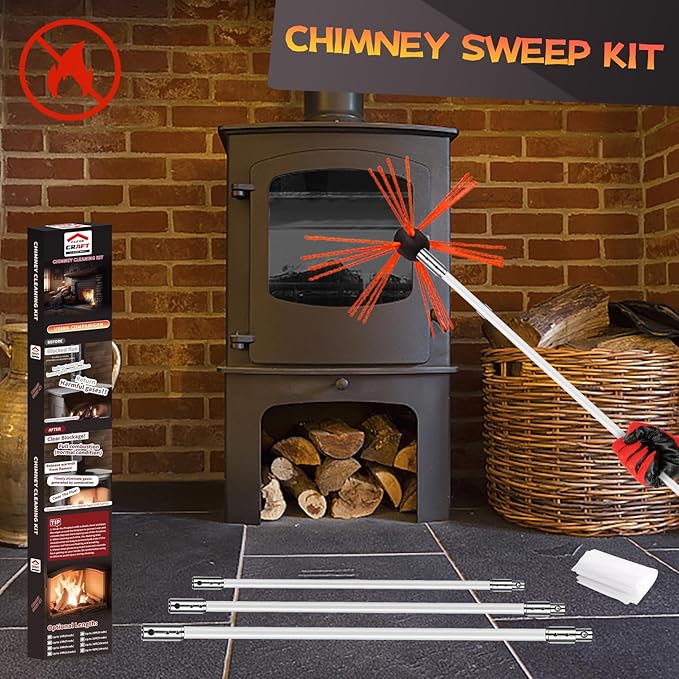 23 Feet Chimney Sweep Kit, Chimney Cleaning Kit with 7 Flexible White Chimney Rods, Chimney Brush, Rotary Chimney Cleaning System Driven by Drill