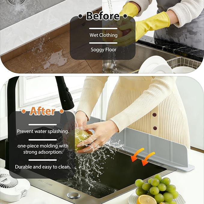 28Inch Silicone Sink Splash Guard with Strong Suction Cups, Flexible Kitchen Sink Splash Guard for Front of Sink, Easy to Clean Splash Guard for Kitchen & Bathroom (Grey, 28''x2.8'')
