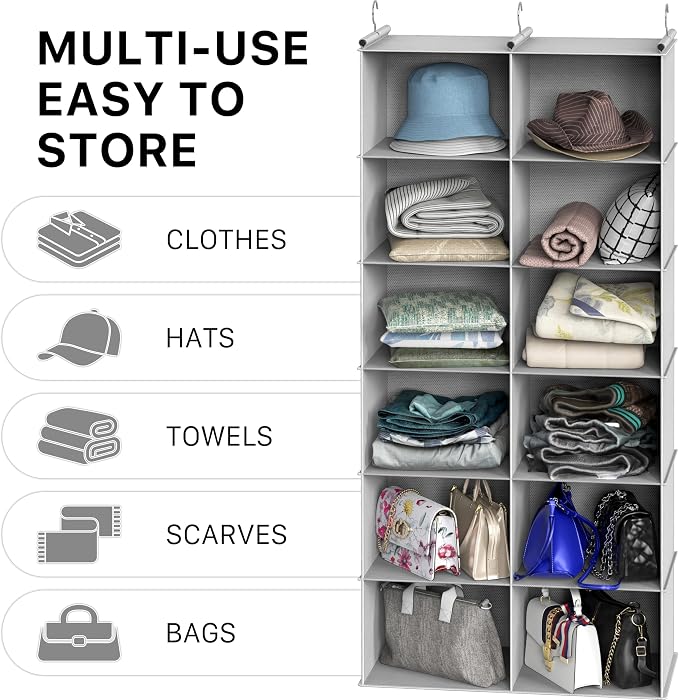 Simple Houseware 6 Shelf Double-Wide Hanging Closet Organizer, Gray | 12 Large Cubbies, 3 Metal Hooks, triple-rod framework