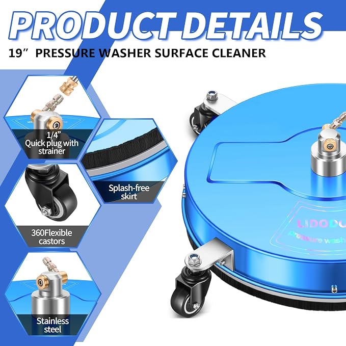 LidoDola 19'' Pressure Washer Surface Cleaner Blue, Power Washer Accessory | Stainless Steel Housing with 4 Wheels, 1/4" QC, 2 Extension Wands & 2 Replacement Nozzles, for Gas & Electric Pressure Washer