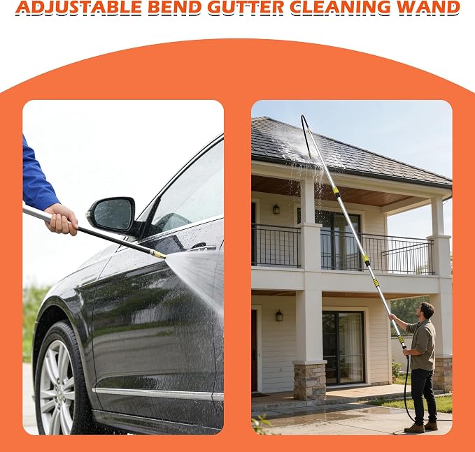 18FT Reach Gutter Cleaning Tool, Gutter Wand with Hose Attachment | Lightweight Rain Gutter Cleaner from the Ground with 4-12FT Aluminum Telescoping Pole, Adjustable Water Flow for Garden Hose
