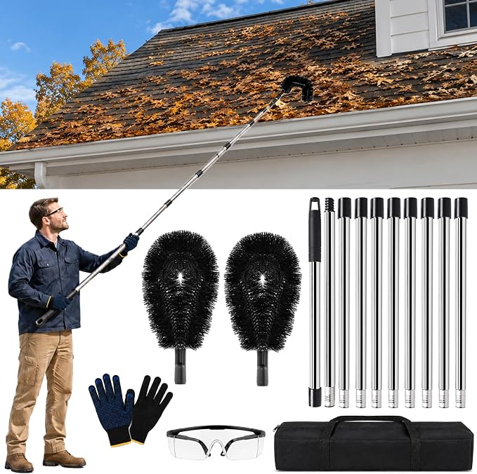 10.5FT Gutter Cleaner Kit, Flexible Brush Head, Extendable Pole Tool | Flexible Nylon Bristles, Adjustable Cleaning Angles, Tool-Free Setup, Portable Storage Design