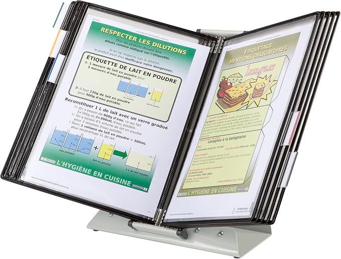 Tarifold Antimicrobial Desktop Reference System, 10 Pockets, Black | 10 double-sided antimicrobial PVC pockets hold 20 letter-size sheets, sturdy metal base, quick-find indexing