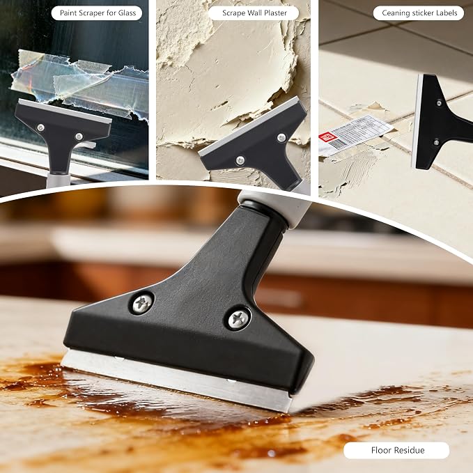 Luvenia Heavy Duty 4-Inch Razor Blade Floor Scraper, 62-Inch Long Handle | 10PCS Extra Metal Blades, Razor Scraper for Cleaning Glass, Floors，Windows, Showers, Tile, Ceilings