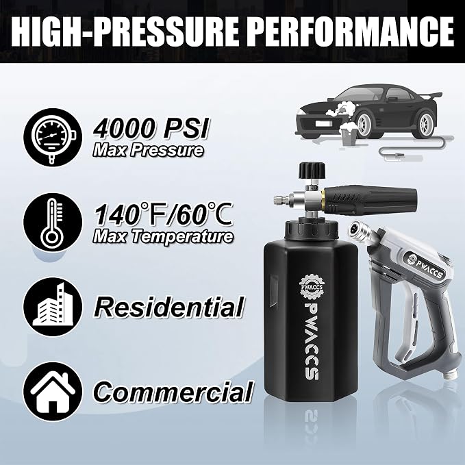 PWACCS Pressure Washer Foam Cannon Gun, Short Power Washer Wand, 1.5 Liter | Car Wash Kit Foam Cannon, 1/4" Quick Connector, Pressure Wash Handle, M22 Male Inlet, 4000 PSI