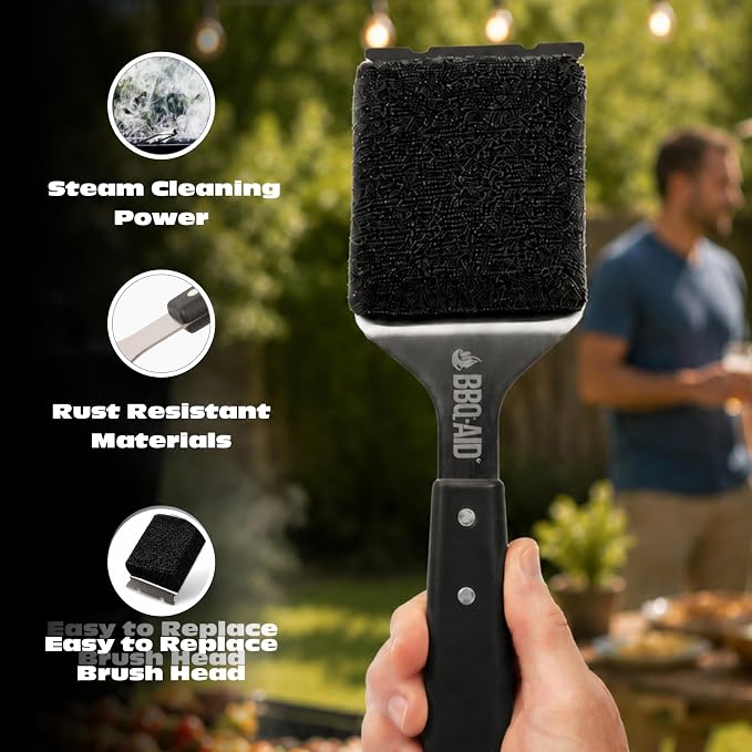 Bristle Free Grill Brush Cleaner and Scraper for Barbecue, Replaceable Head | Safe Bristle-Free Stainless Steel Scrub Pad with Heavy-Duty Scraper & Long Black Handle, Safe on Any Grill Grate