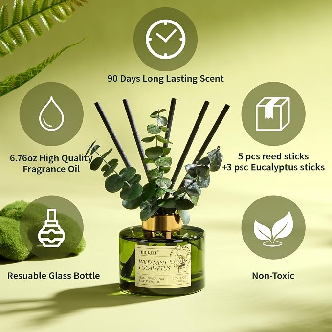 Reed Diffuser Set with 6.76 fl oz Wild Mint & Eucalyptus Scent Essential Oils and 3 Leaves & 8 Diffuser Sticks,Bathroom Shelf Decor & Air Freshener, House Bedroom Office Decor & Gifts