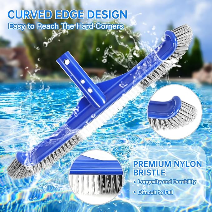Pool Brush Head & Fine Mesh Pool Skimmer Kit，17" Pool Brushes for Cleaning Pool Wall， Reinforced Frame Pool Net Leaf Skimmer Cleaning Tool with Deep Fine Nylon Mesh Net Bag for Fast Cleaning