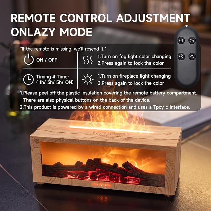 TMEHM Fireplace Flame Essential Oil Diffuser Humidifier, Aromatherapy | Ultrasonic Mist with 7 Colors and Timer for Home, Bedroom, Office, and Yoga