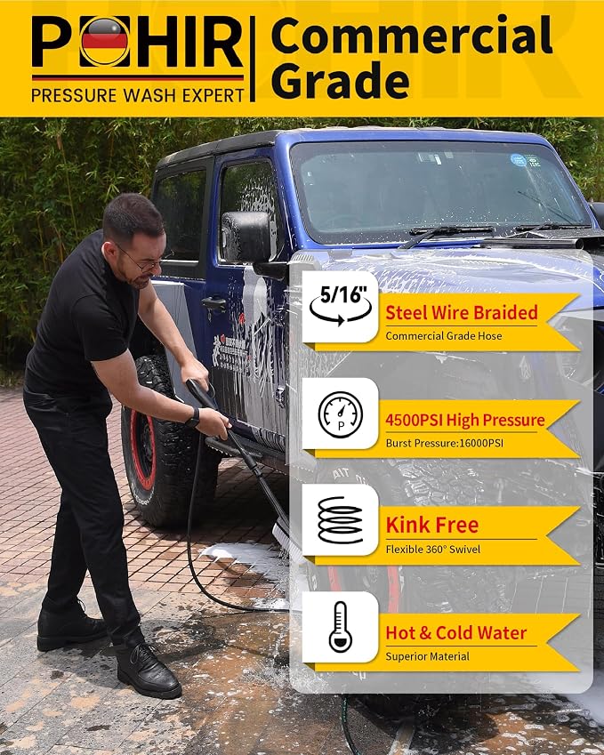 POHIR Pressure Washer Hose 25ft 4500PSI, 5/16'' Power Washer Hose Steel Wire Braided 3/8'' Swivel Quick Connect, Commercial Grade Industrial High Pressure Water Washing Hose
