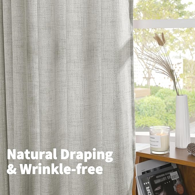 YoungsTex Light Grey Linen Semi Sheer Curtains for Living Room 2 Panels, Textured Light Filtering Drapes with Rod Pocket Back Tab Window Treatments for Dining Bedroom, 52 X 72 Inch