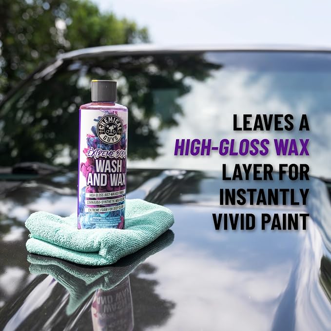 Chemical Guys Extreme Bodywash & Wax Car Wash Soap, 64 oz | Thick clinging foam in cannons, guns or buckets, carnauba adds gloss, gentle on wax and sealant, grape scent