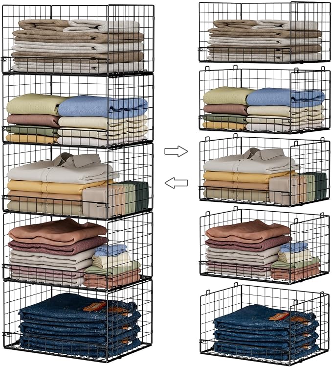 Yociyoga 5-Tier Stackable Closet Organizers and Storage Shelves, Closet Shelf Organizer Basket Bins, Foldable Sweater Storage for Closet Organizer System, Black(Patent 30022416)