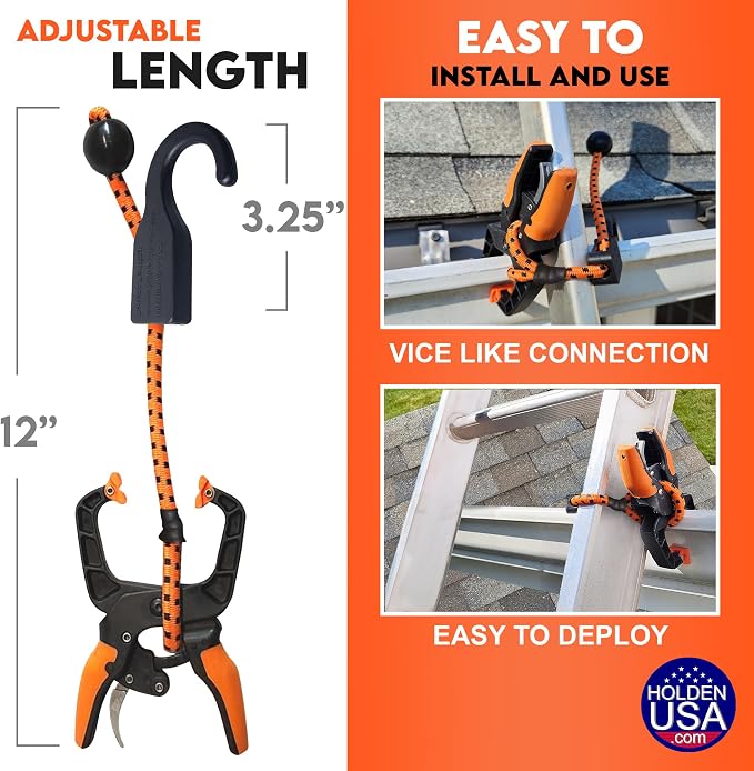 Holden USA - Ladder Clamp - Stabilizer Clip – Secure Safety Clamp for Roof, Gutters, and Wall Prep – Durable Support Cord for Roofing and Gutter Tasks (Black Orange Single)
