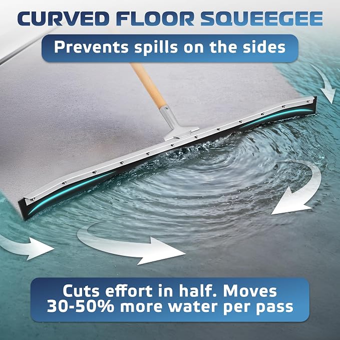 Curved Floor Squeegee 36’’, Rubber Blade Garage Squeegee, Taper Pole Connection - Handle Sold Separately for Tiles, Concrete and Asphalt
