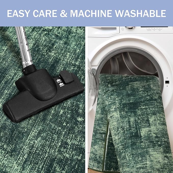 IOHOUZE Abstract Runner Rug 3x12 Ft Washable Runners for Hallways, Non Slip Kitchen Runner Printed Faux Wool Entryway Runner Indoor, Modern Abstract Floor Carpet for Hall Kitchen, Dark Green