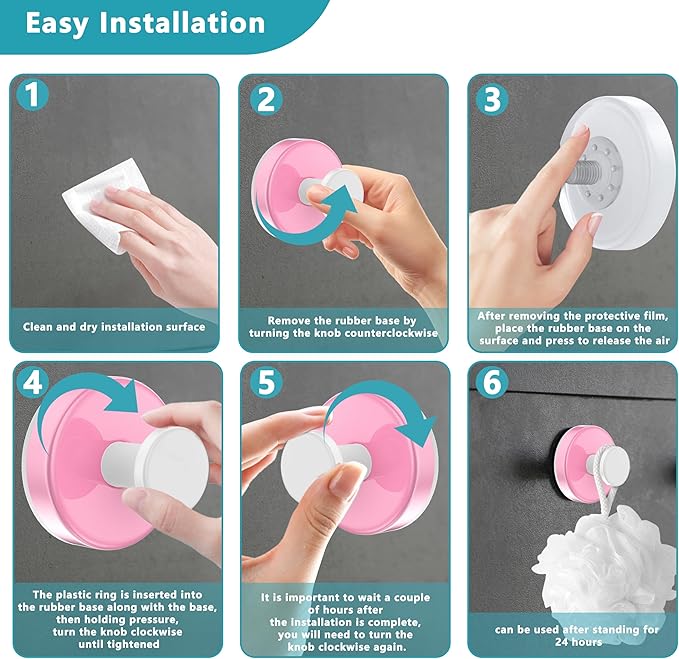 Suction Cup Hooks for Shower,Removable No Drill Towel Hooks,Upgraded 15 lbs Strong Suction hooks for Bathroom Tile,Shower Wall,Glass Door,Kitchen-Loofah,Coat,Stainless Waterproof-Pink White 2 Pcs