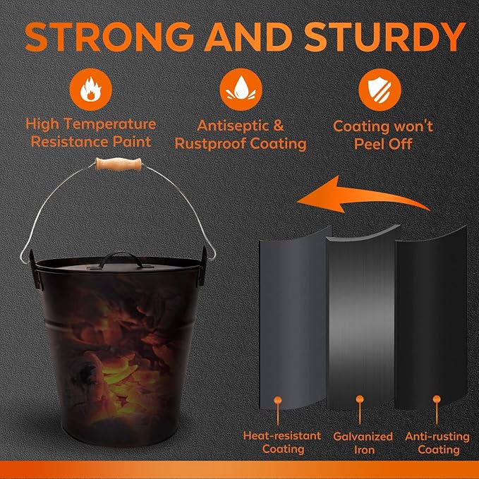 3.5 Gallon Ash Bucket with Lid and Shovel, Metal Fireplace Ash Bucket with Broom, Complete Fireplace Tools Set for Wood Stove and Fireplace