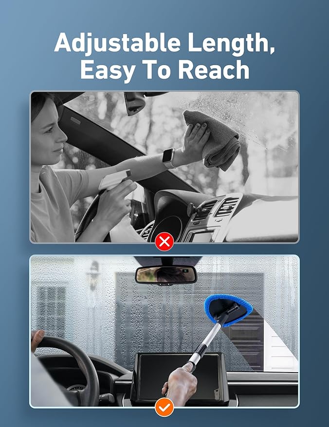 AstroAI 21" Extra-Long Windshield Cleaner Tool, Car Interior Detailing Cleaning Kit with Extendable Handle and 4 Upgraded Reusable Microfiber Pads, Auto Glass Wiper Brush Kit for Cars, Blue