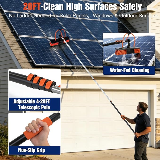 Up to 26FT Reach Water Fed Pole Window Cleaning System, 20FT Telescopic Pole with 180° Rotating Brush & Soap Dispenser, Solar Panel Cleaning Kit for Windows, Gutters & RV