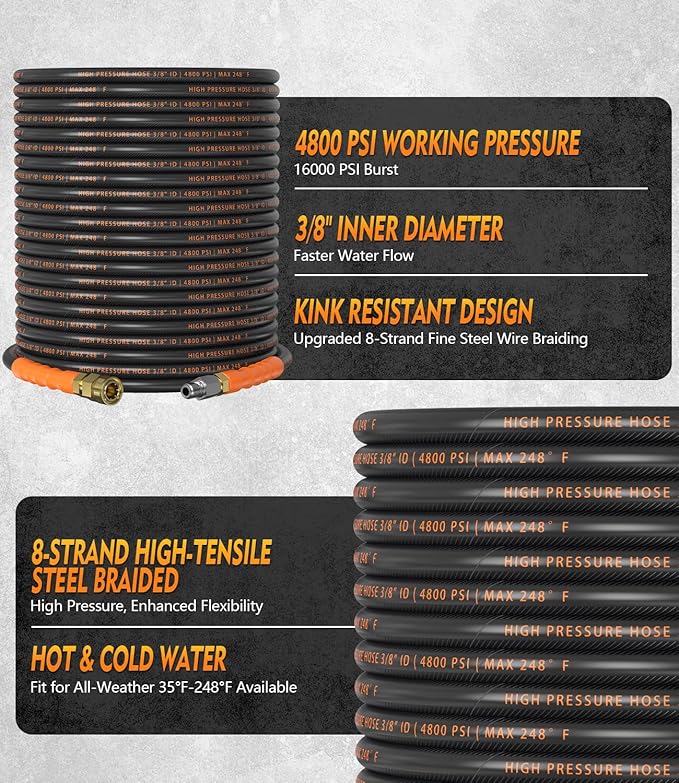 3/8" ID Pressure Washer Hose 200 ft, 4800 PSI Steel-Braided & Durable - Flexible & Kink-Resistant, Power Washer Hose with Swivel Quick Connect & M22-14mm Adapter, Hot/Cold Water Compatible