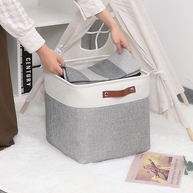 DULLEMELO Cube Basket for Storage, Collapsible Fabric Cube for Organizing, Storage Cube for Closet, Laundry, Nursery, Shelves, Decorative Basket for Gifts Empty (White&Gray)