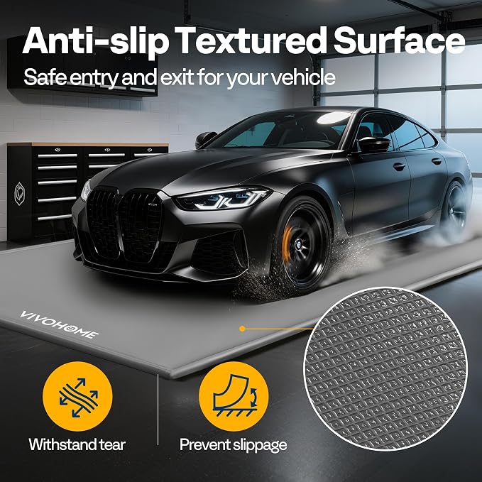 VIVOHOME Containment Mat (7'9" x 18') with Stay Put Corner, Gray | PVC Garage Floor Mats, Heavy Duty Garage Parking Mat with a Squeegee