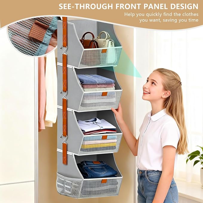 Fabric Hanging Closet Clothes Organizers and Storage Detachable 4 Tier | Hanging Clothes Organizers for Bedroom,Dorm,RV,,Camper,See Through Front Panel,Space-Saving,Can Be Separated Individually