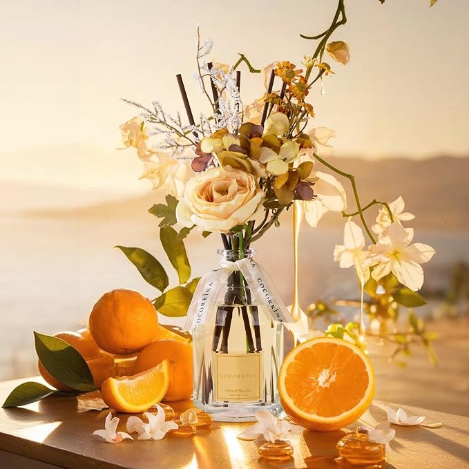 Reed Diffuser - Neroli Vanilla 8.5 Fl.oz Flower Reed Diffuser with Sticks, Bedroom Bathroom Shelf Decor (Floral Basket Collection)