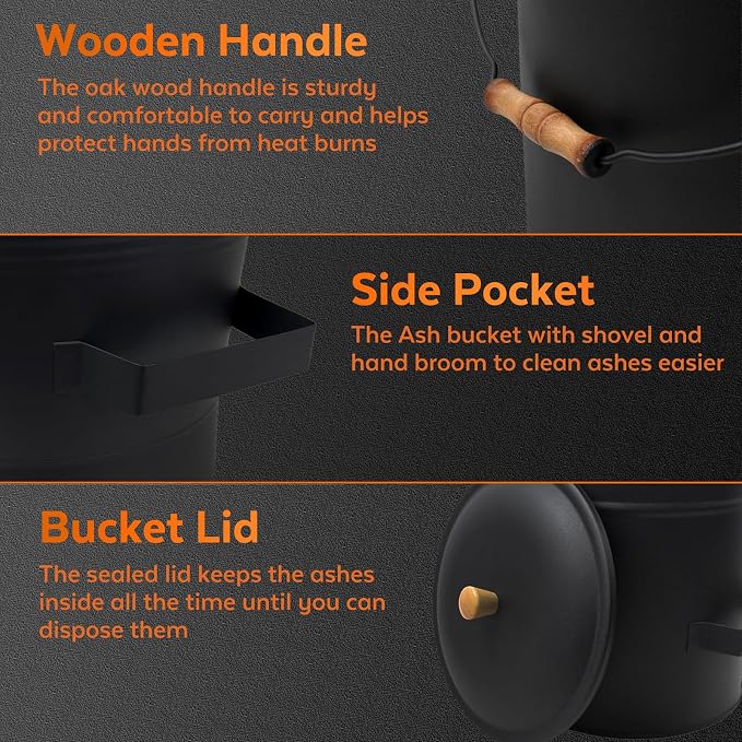 Ash Bucket with Lid and Shovel, 4 Gallon Ash Bucket for Fireplace, Complete Fireplace Tools Set, Fireplace Bucket for Ashes for Wood Stove